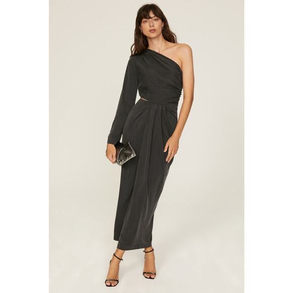 SOMETHING NAVY Black Jersey One Shoulder Long Sleeve Mid-Cutout Gown Medium - Picture 1 of 16